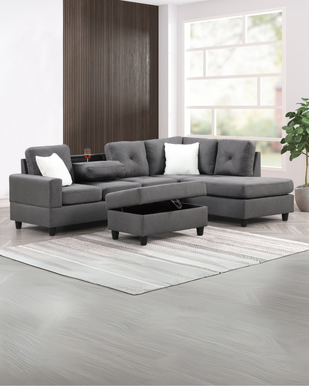 Steel Gray Modern Sectional Sofa Set with Storage Ottoman – Space-Saving Living Room Solution