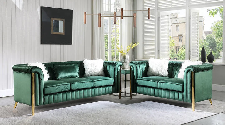 Emerald Velvet Sofa & Loveseat Set with Gold Legs – Space-Saving Living Room Furniture for Small Apartments