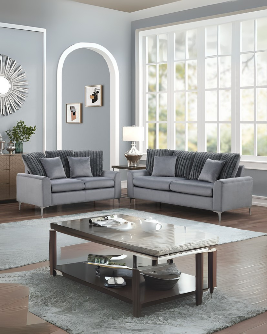 Gray Modern Plush Living Room Sofa & Loveseat Set – Space-Saving Small Apartment Solution
