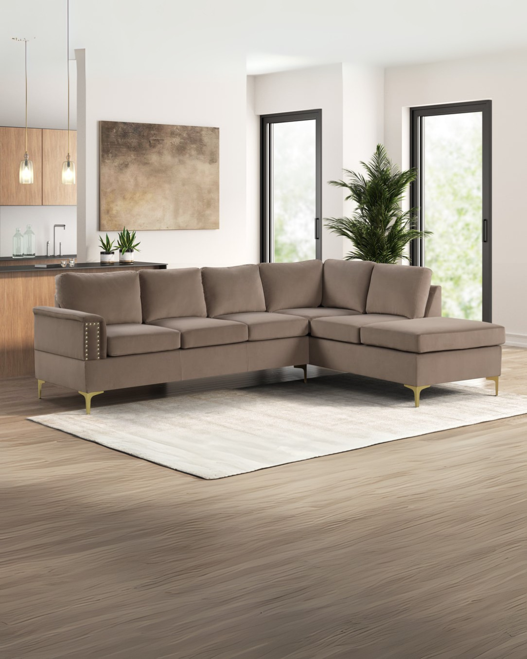 Taupe Brown Modern L-Shaped Sectional with Gold Accents for Small Living Spaces