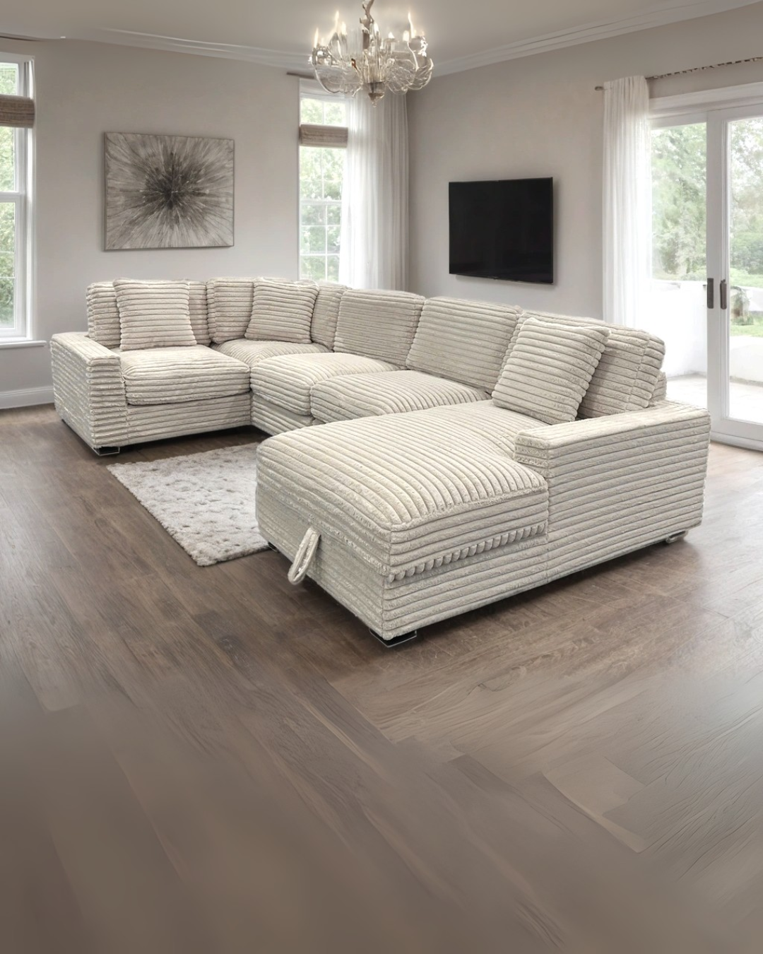 Beige Corduroy Plush Sectional Sofa – Modern Living Room Comfort for Small Spaces