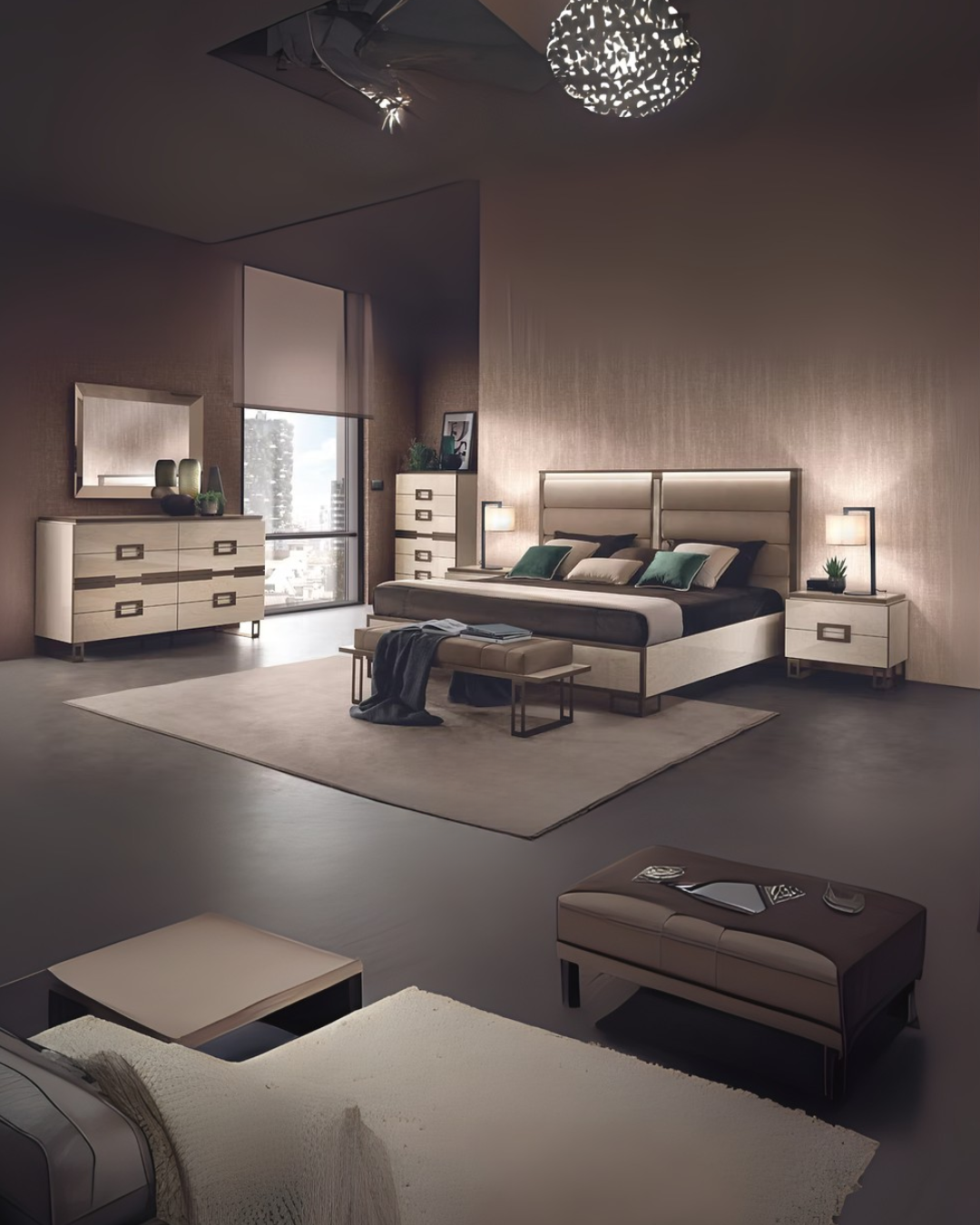 Champagne Beige Modern Bedroom Set with Sleek Storage & Upholstered Headboard