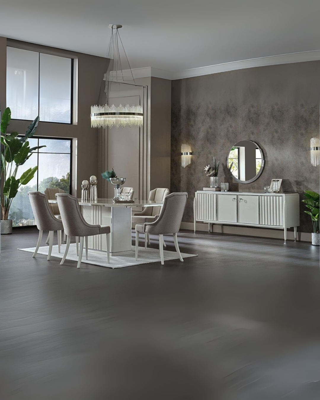 Elegant White & Beige Dining Room Set with Modern Upholstered Chairs and Sleek Buffet