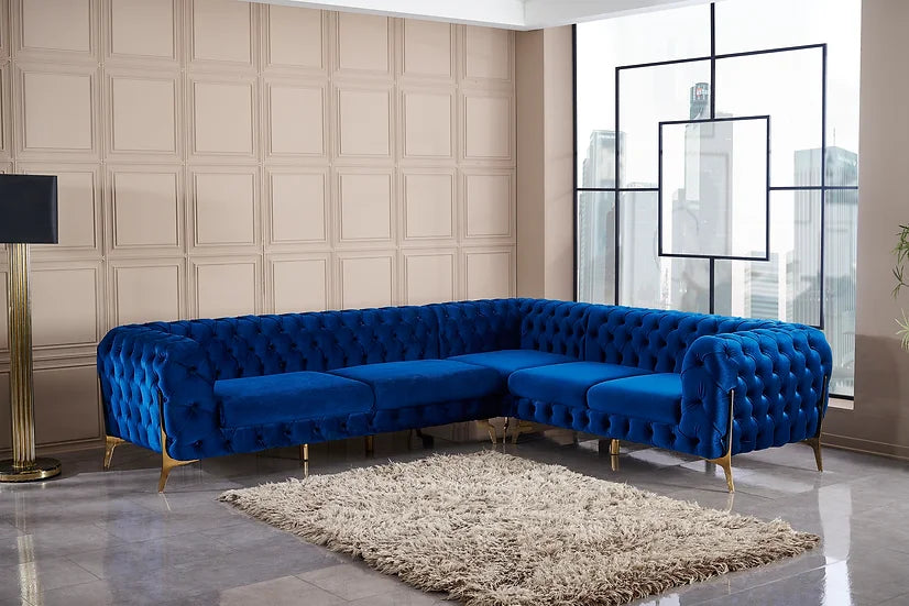 Blue Velvet Sectional Sofa – Space-Saving Living Room Furniture for Small Apartments, 119" x 100" - Galaly Furniture TX