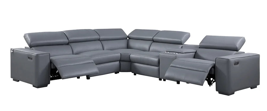 Grey Top Grain Leather Reclining Sectional Set – Compact Power Recliner for Small Apartment Living Rooms - Galaly Furniture TX