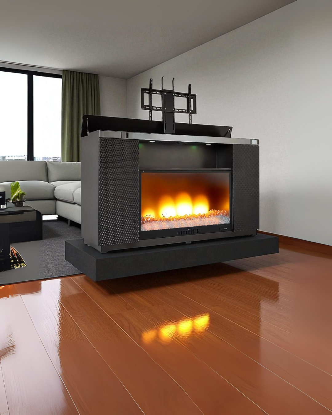 Modern Black Console Table with Electric Fireplace & TV Mount – Space-Saving Living Room Centerpiece