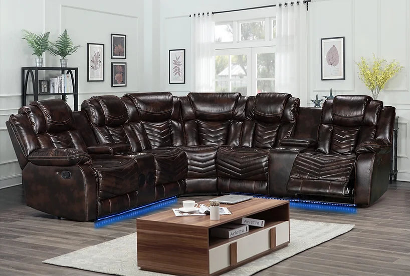 Brown Air Leather Sectional Recliner with LED, Bluetooth Speakers & Console – Space-Saving Living Room Solution - Galaly Furniture TX