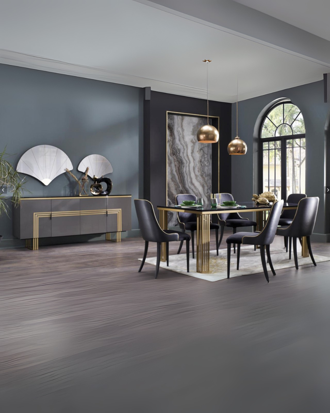 Black & Gold Modern Luxe Dining Room Set with Sleek Upholstered Chairs and Metallic Accents