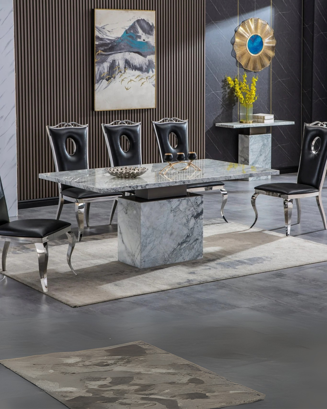 Modern Marble & Black Faux Leather Dining Room Set – Space-Saving Elegance for Apartments