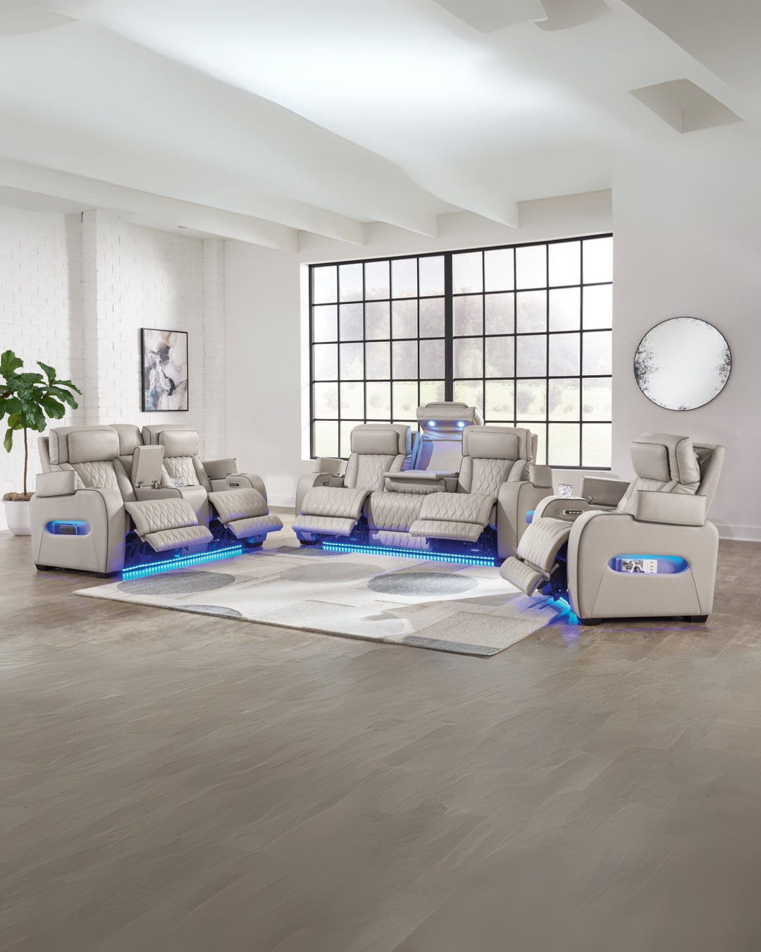 Light Beige Leather Power Reclining Living Room Set with LED Accents & Storage Console