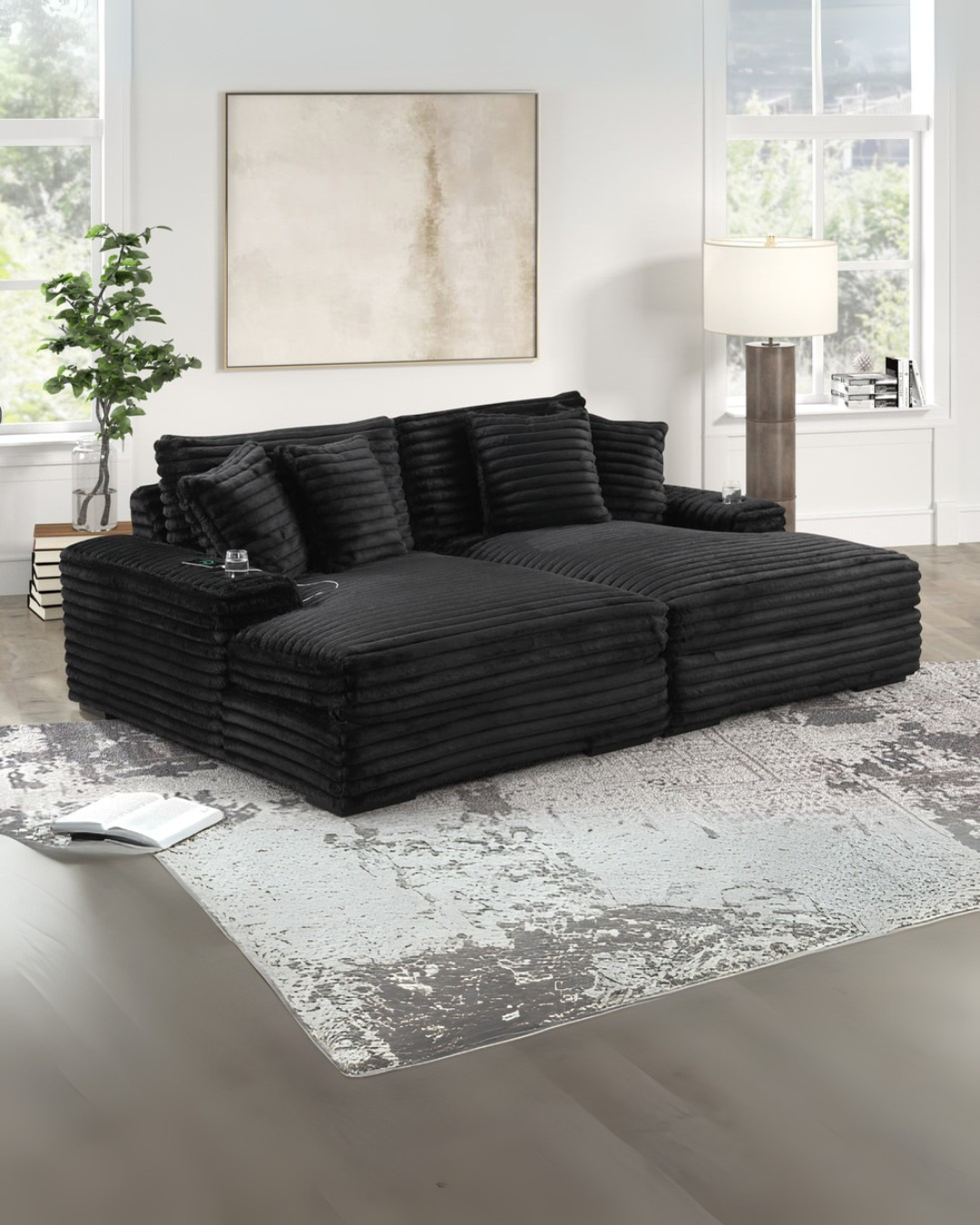 Hudson Plush Channel-Tufted Black Loveseat with Chaise – Modern Space-Saving Living Room Furniture