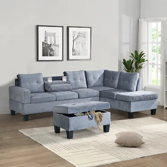 Grey Velvet Sectional Sofa with Storage Ottoman – Space-Saving Living Room Set for Apartments - Galaly Furniture TX