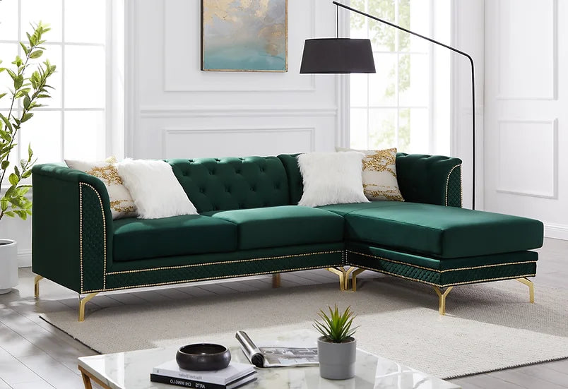 Emerald Velvet Reversible Sectional Sofa with Chaise – Space-Saving Living Room Furniture for Small Apartments - Galaly Furniture TX