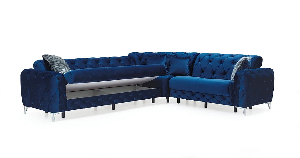 Blue Velvet Sectional Sofa – Space-Saving Living Room Seating for Small Apartments, 124"W x 98"L - Galaly Furniture TX