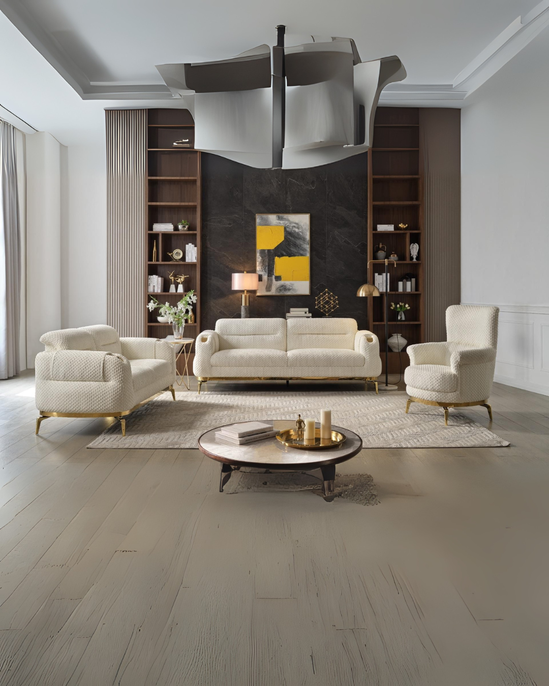 Ivory Luxe Living Room Set with Tufted Upholstery & Gold Accents – Sofa, Armchair, Coffee Table Suite