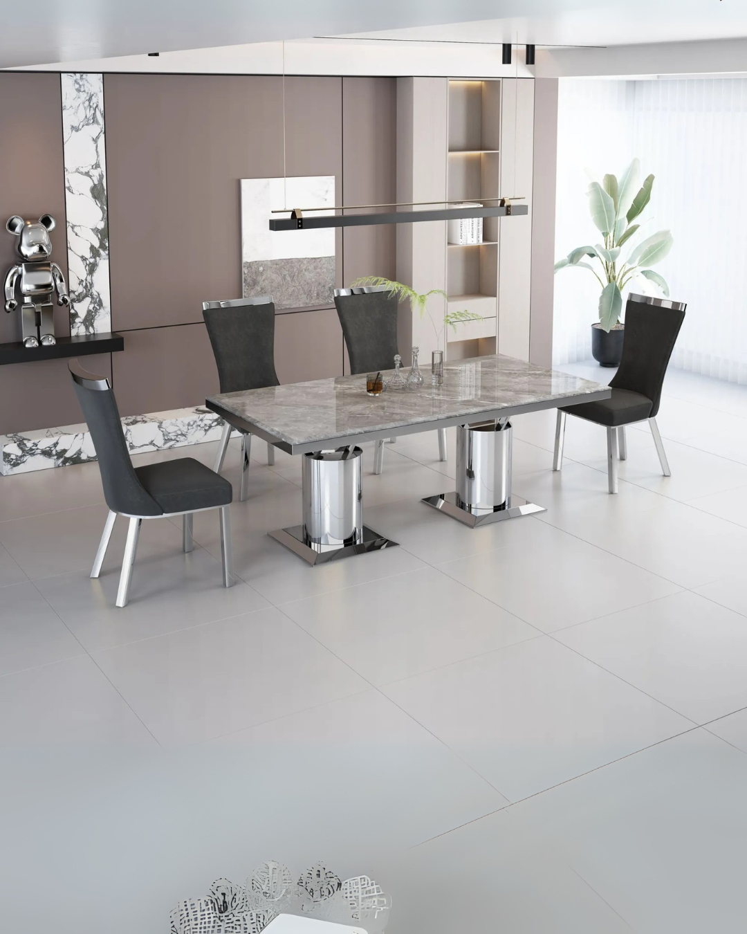 Gray & Silver Modern Marble-Top Dining Set with Sleek Upholstered Chairs – Compact Apartment Solution
