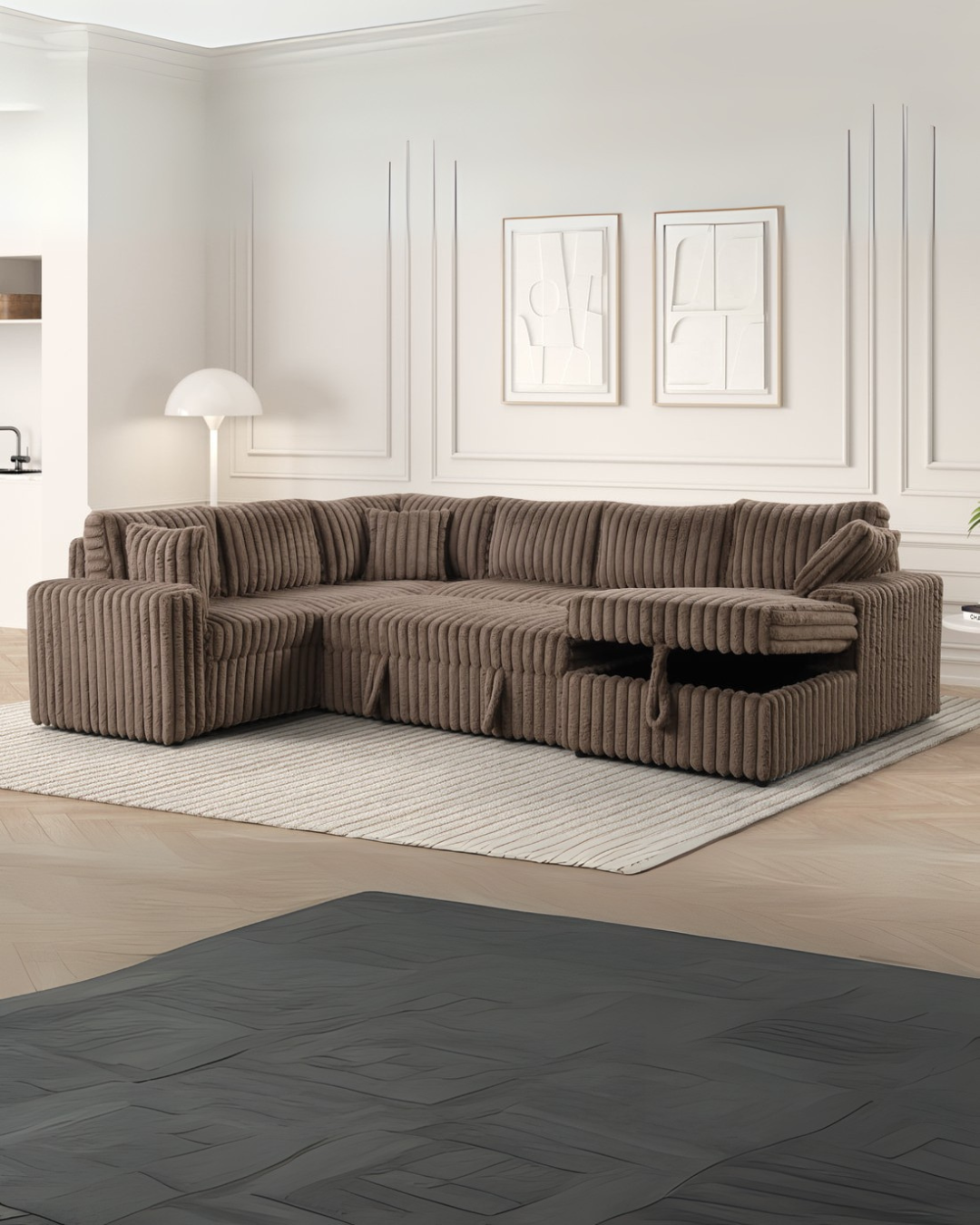 Corduroy Comfort Brown Sectional Sofa with Storage – Modern Living Room Solution for Small Spaces