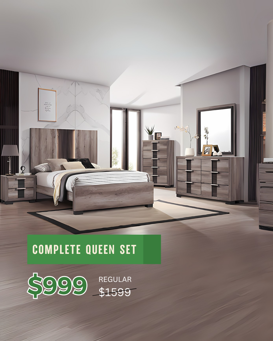 Modern Ashwood Queen Bedroom Set with Storage – Sleek 5-Piece Suite for Small Spaces