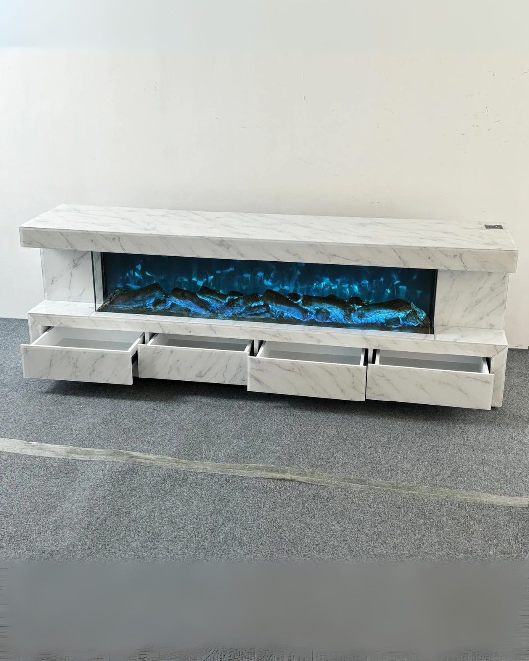 Modern White Marble Console Table with Electric Fireplace & Storage Drawers – Space-Saving Living Room Accent