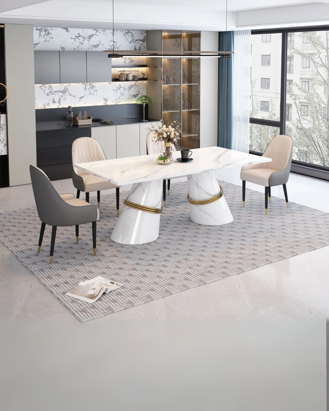 Contemporary White Marble Dining Set with Sculptural Base and Gray Accent Chairs