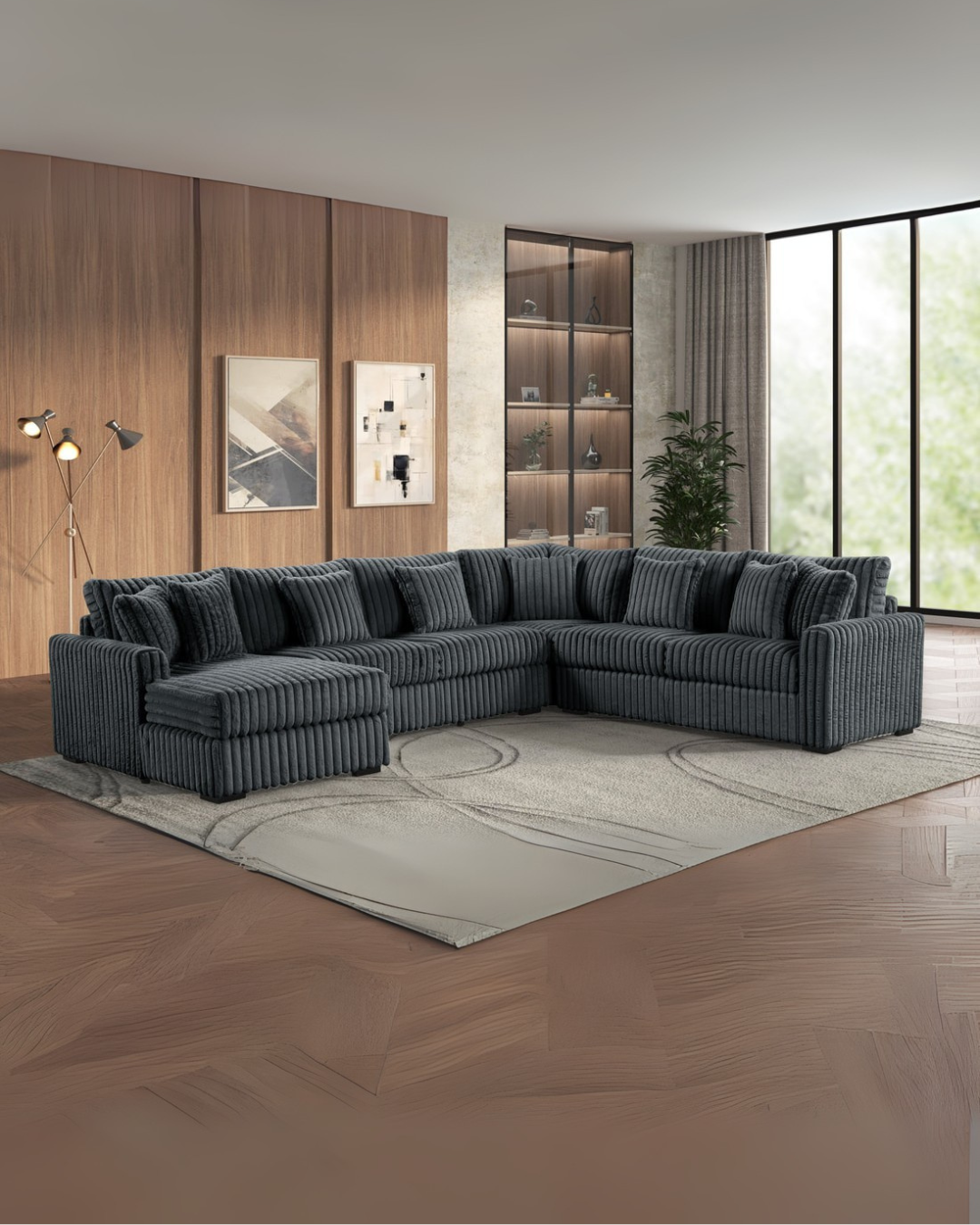 Corded Charcoal Plush Sectional Sofa – Modern Living Room Furniture for Small Spaces
