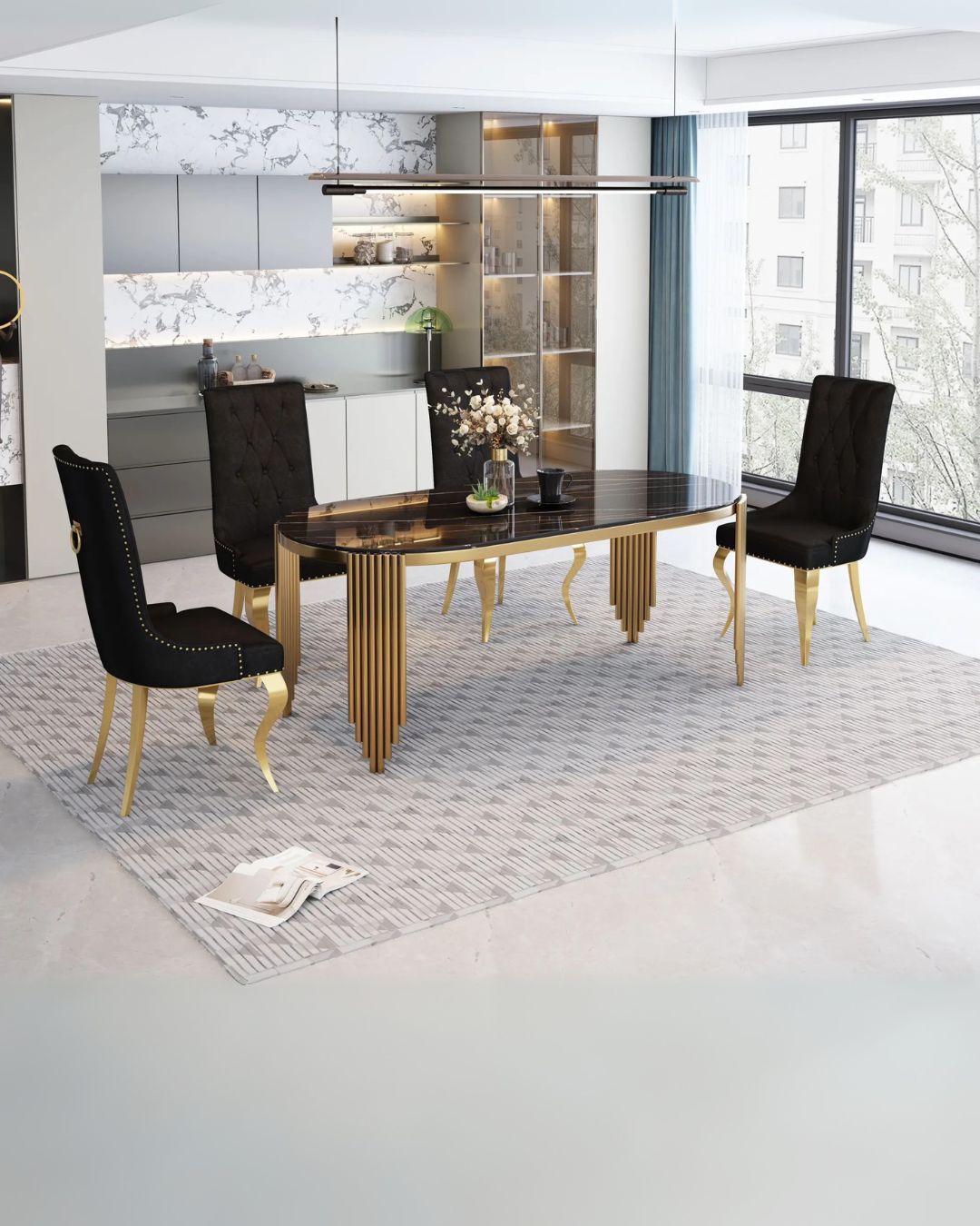 Modern Luxe Black & Gold Dining Room Set with Velvet Upholstery and Sculpted Legs