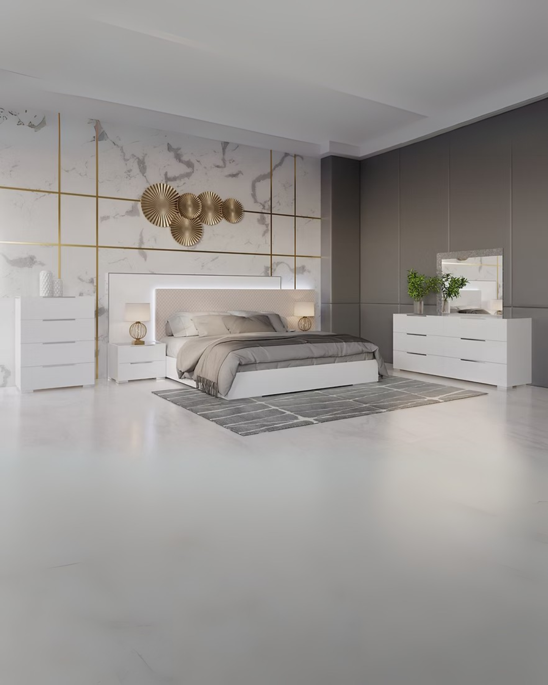 Aurora White Gold Modern Bedroom Set with LED Headboard & Sleek Storage – Space-Saving Elegance