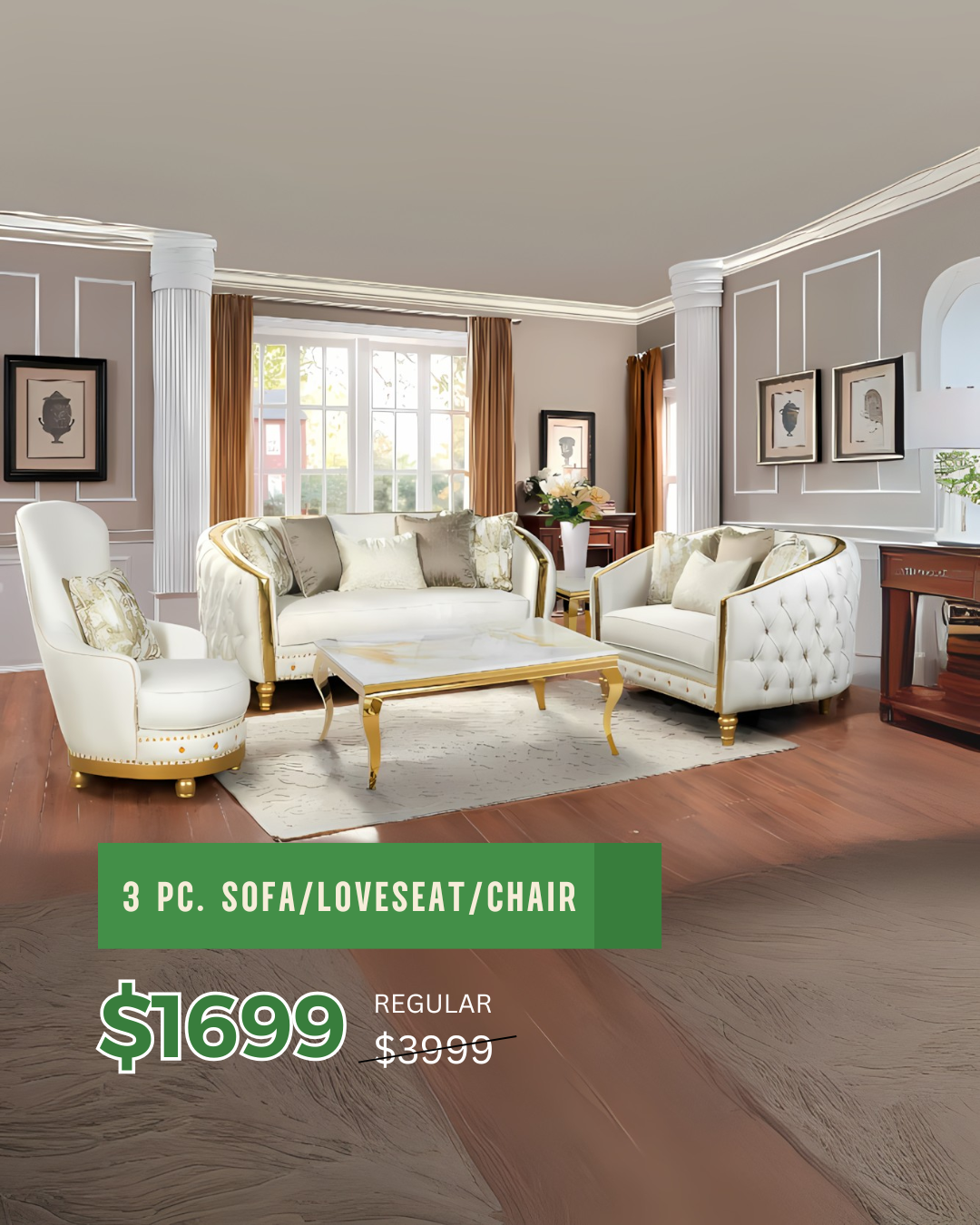 Luxe Ivory Tufted Living Room Set – Sofa, Loveseat & Chair with Gold Accents for Modern Apartments