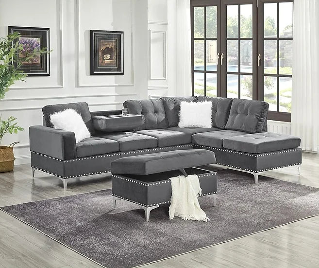 Grey Velvet Reversible Sectional with Storage Ottoman & Drop-Down Table – Small Space Living Room Solution - Galaly Furniture TX