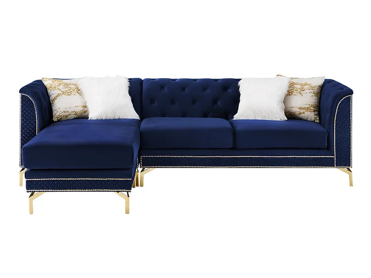 Blue Velvet Reversible Sectional Sofa with Chaise – Space-Saving Living Room Furniture for Small Apartments - Galaly Furniture TX