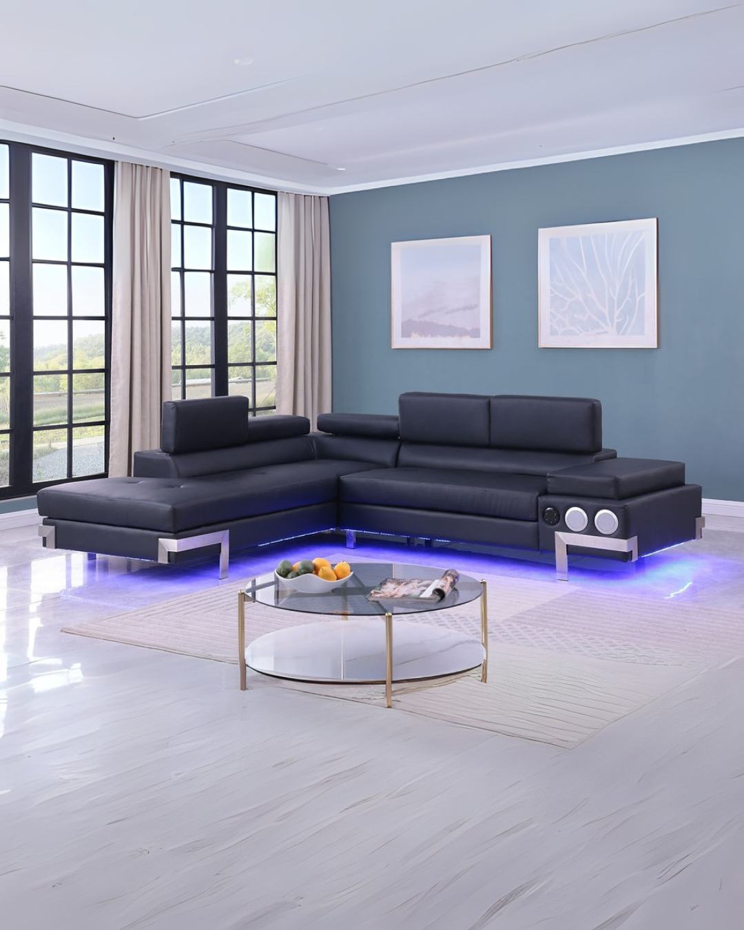Jet Black Modern Sectional Sofa with LED Accent Lighting and Chrome Legs – Small Space Living Room Furniture