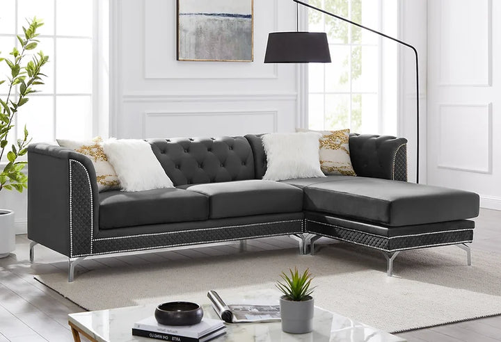 Grey Velvet Reversible Sectional Sofa with Chaise – Space-Saving Living Room Furniture for Apartments - Galaly Furniture TX