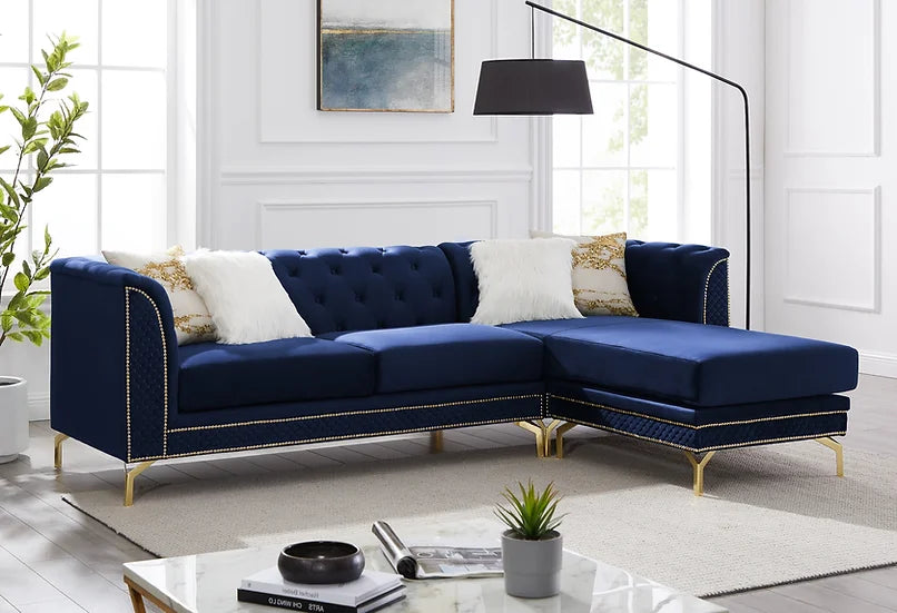 Blue Velvet Reversible Sectional Sofa with Chaise – Space-Saving Living Room Furniture for Small Apartments - Galaly Furniture TX
