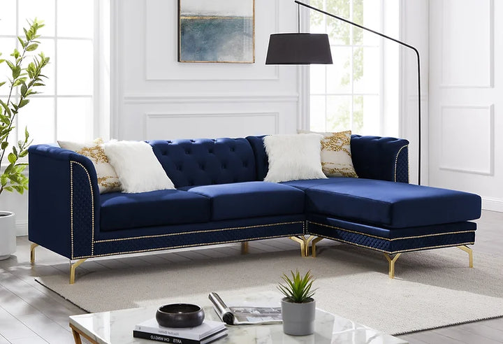 Blue Velvet Reversible Sectional Sofa with Chaise – Space-Saving Living Room Furniture for Small Apartments - Galaly Furniture TX