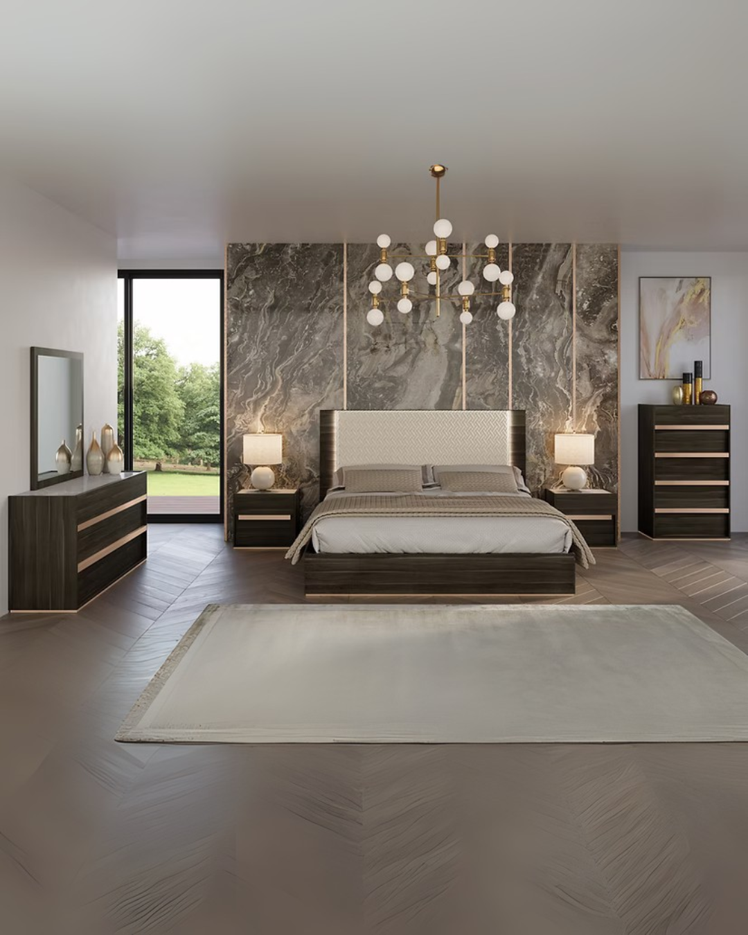 Walnut Bronze Modern Bedroom Set with Textured Upholstered Headboard & Sleek Storage