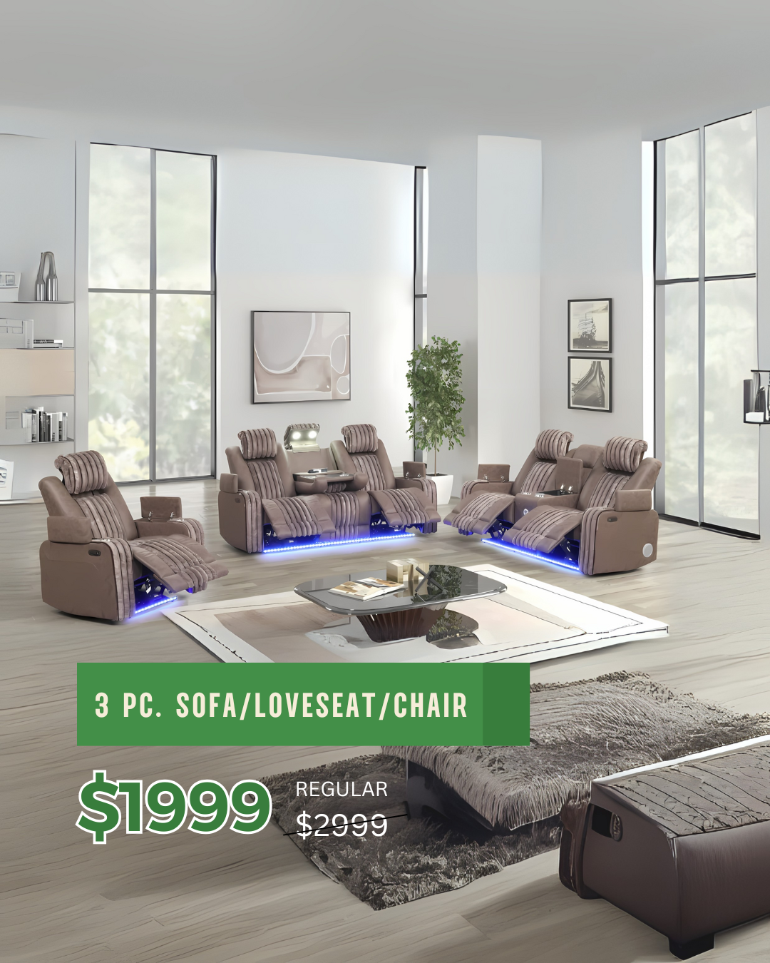 Modern Brown Reclining Sofa Set with LED Accents – 3 PC Living Room Furniture for Small Spaces
