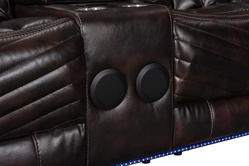 Brown Air Leather Sectional Recliner with LED, Bluetooth Speakers & Console – Space-Saving Living Room Solution - Galaly Furniture TX
