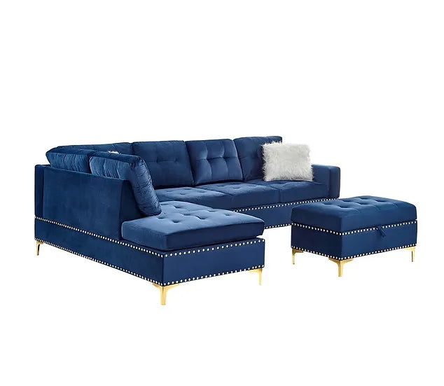 Blue Velvet Reversible Sectional with Storage Ottoman & Drop Down Table – Compact Living Room Solution - Galaly Furniture TX
