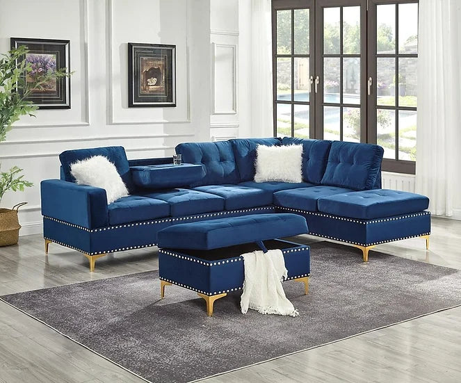 Blue Velvet Reversible Sectional with Storage Ottoman & Drop Down Table – Compact Living Room Solution - Galaly Furniture TX