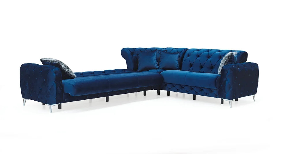 Blue Velvet Sectional Sofa – Space-Saving Living Room Seating for Small Apartments, 124"W x 98"L - Galaly Furniture TX