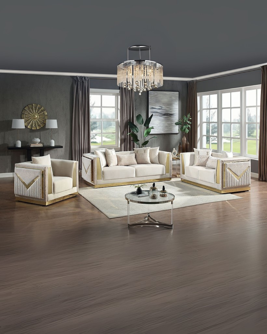 Cream Modern Luxe Living Room Set with Gold Trim & Coffee Table – Space-Saving Elegance for Small Apartments
