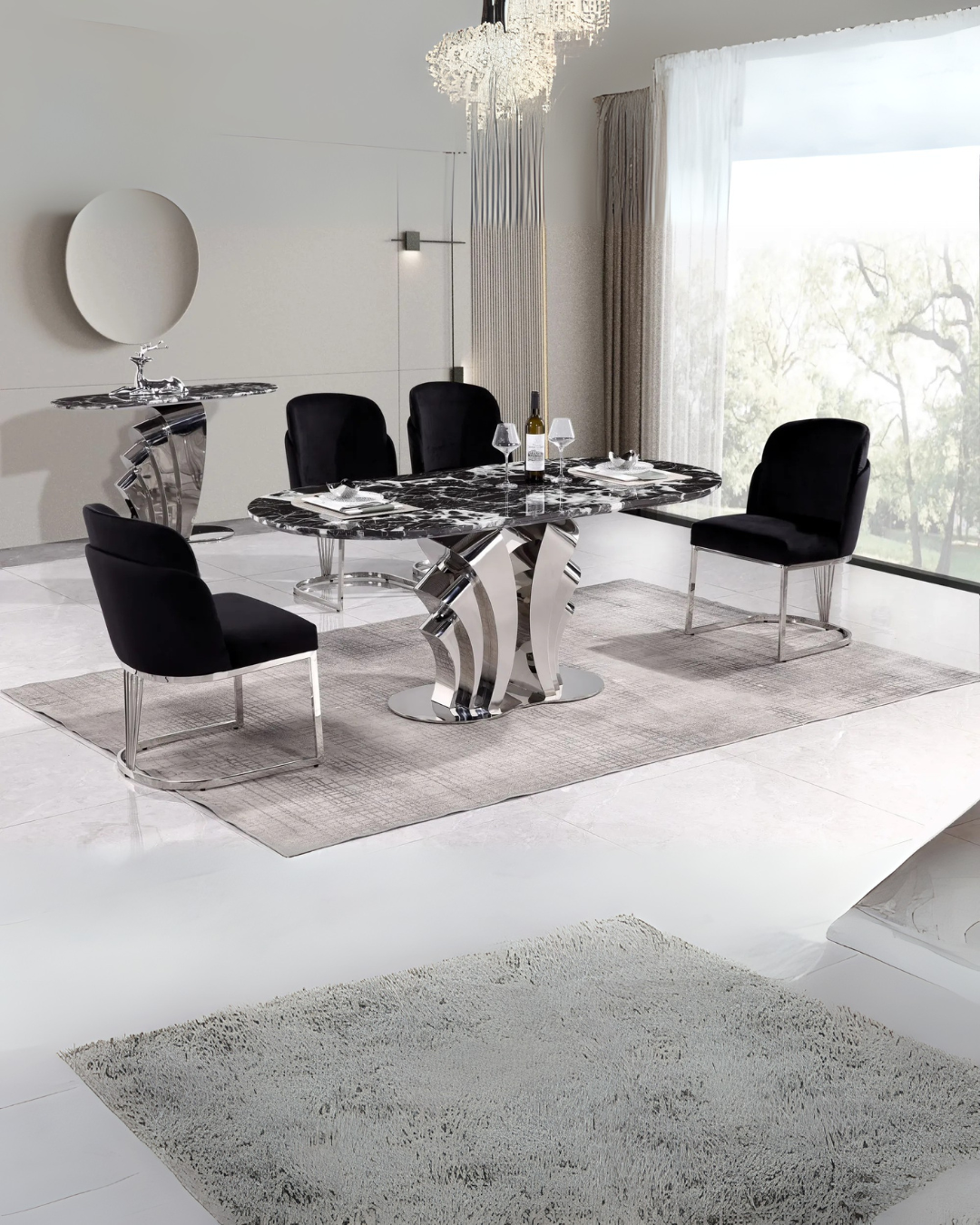 Contemporary Black Velvet & Silver Chrome Dining Room Set with Marble-Top Table