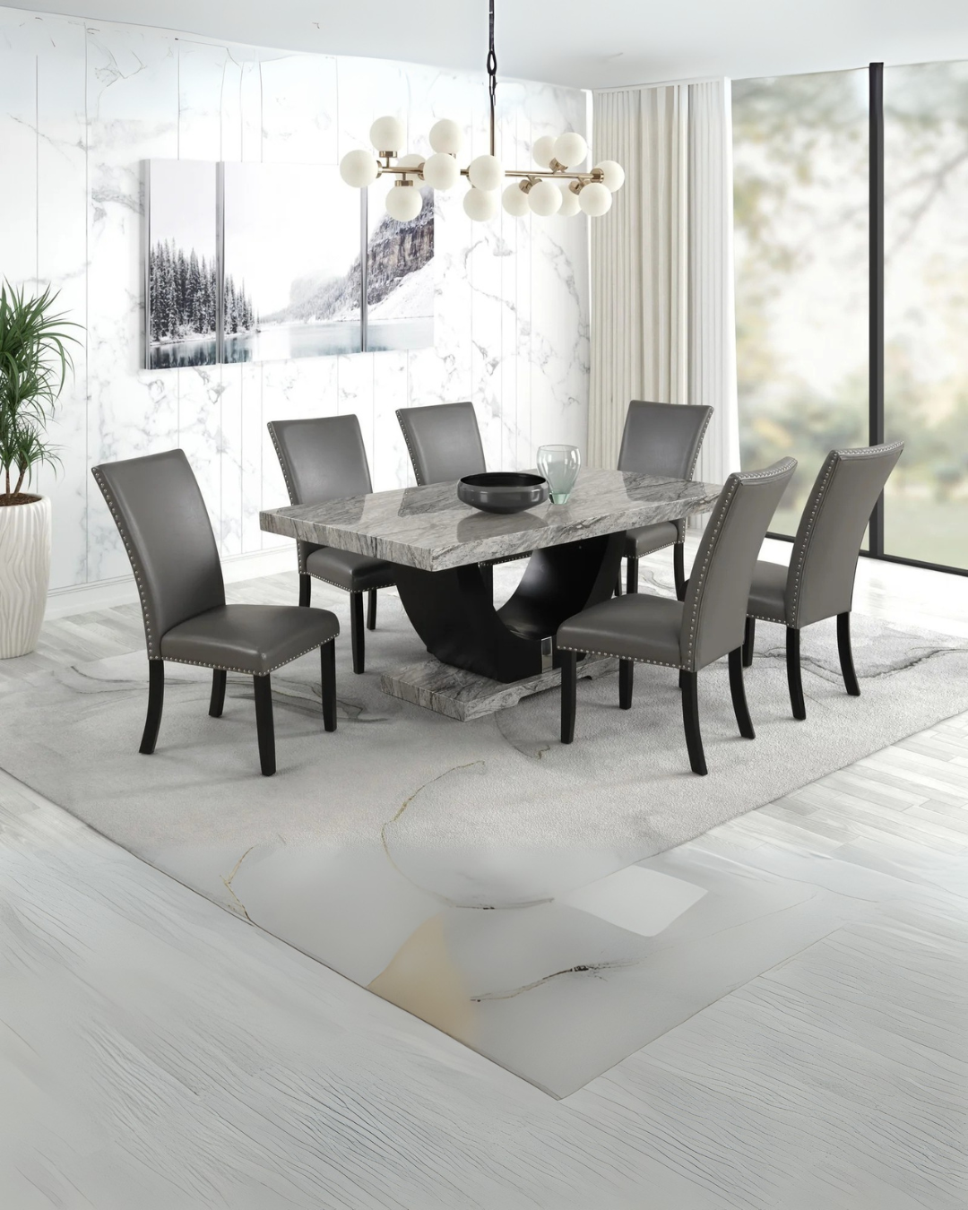 Modern Gray Marble-Top Dining Set with Sculpted Base & Sleek Upholstered Chairs – 7 Piece Space-Saving Ensemble