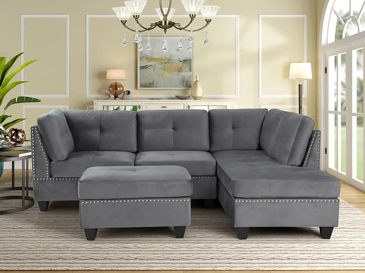 Grey Velvet Modern Sectional Sofa with Ottoman – Space-Saving Living Room Set for Small Apartments - Galaly Furniture TX