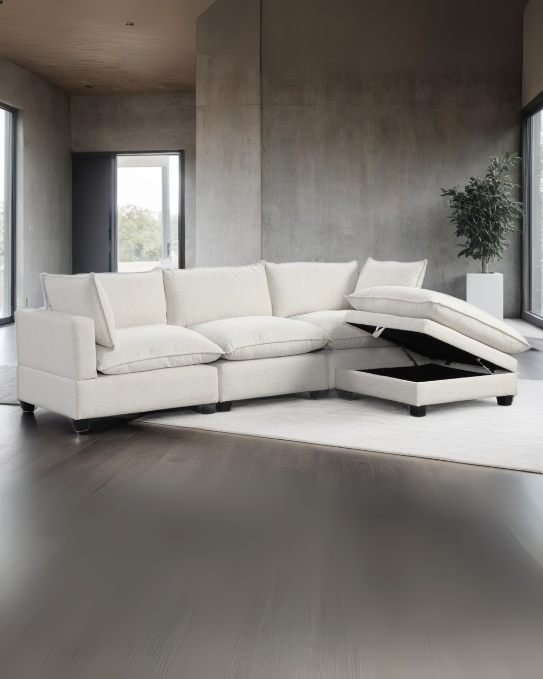 Vanilla Cream Modern Sectional with Storage – Space-Saving Living Room Sofa Set