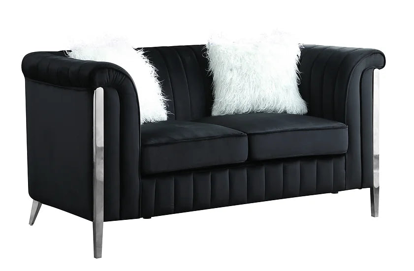 Black Velvet Sofa & Loveseat Set with Chrome Legs – Space-Saving Living Room Furniture for Apartments - Galaly Furniture TX