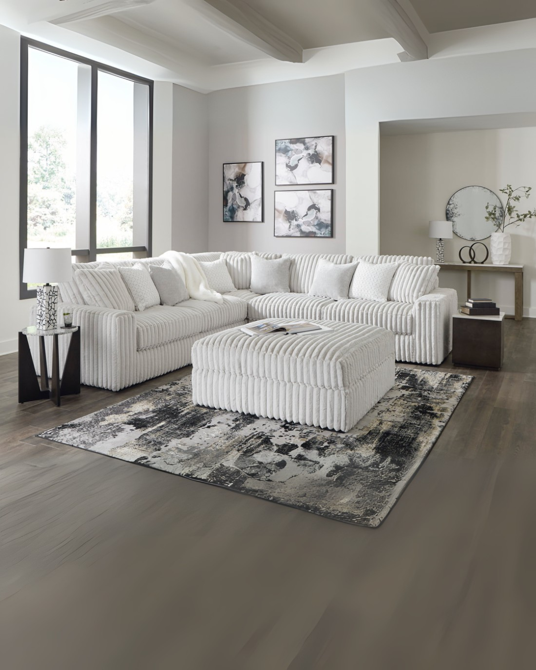 Cloudline White Corduroy Sectional Sofa with Ottoman – Modern Living Room Furniture for Small Spaces