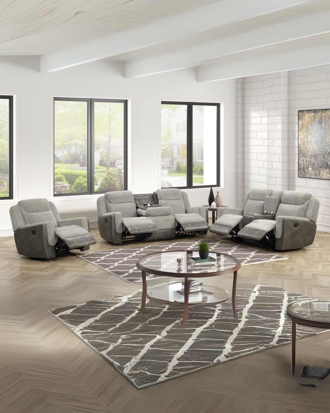 Modern Medium Gray Reclining Sofa Set with Glass Coffee Tables – Space-Saving Living Room Furniture