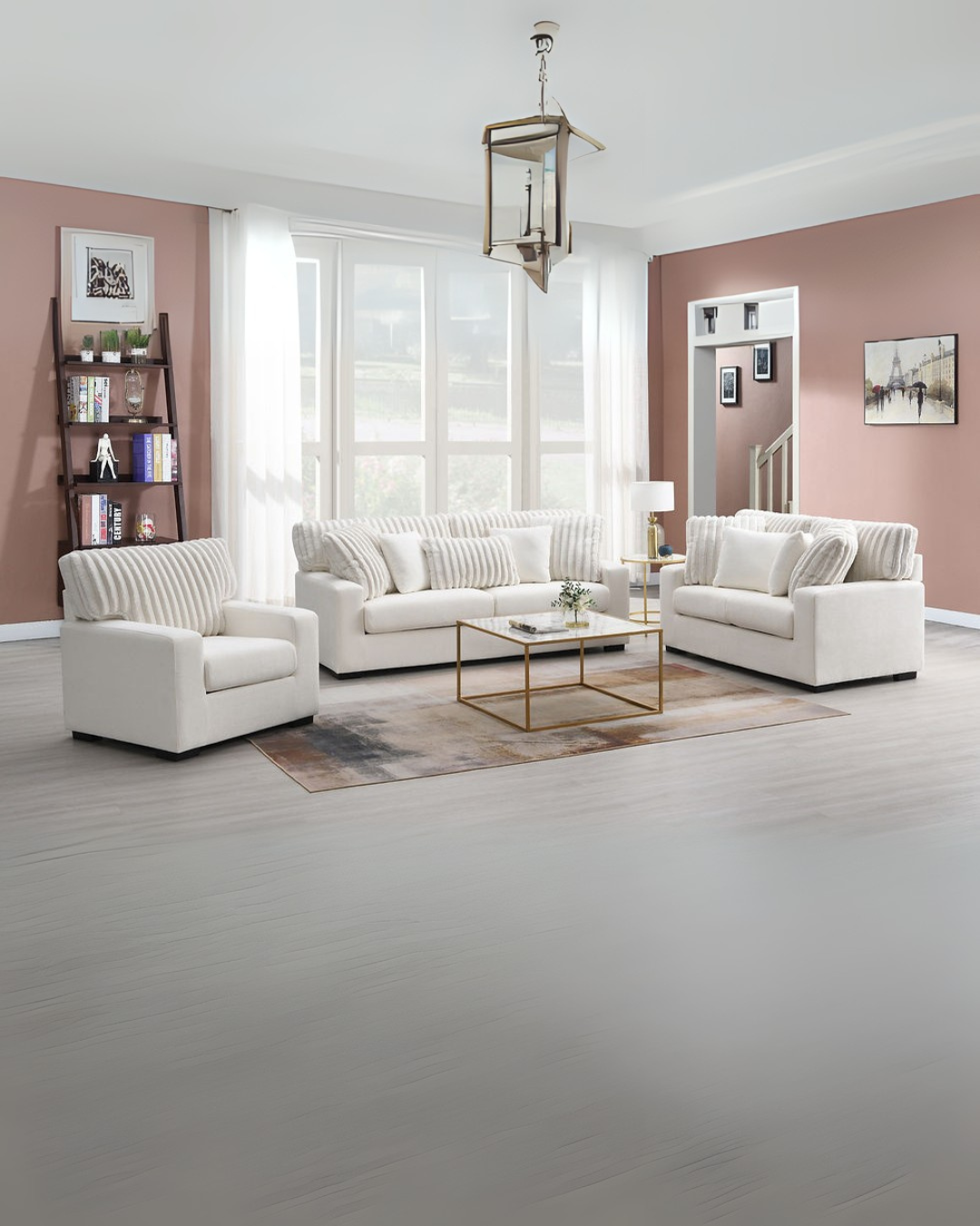 Modern White Plush Sofa Set – Space-Saving Living Room Comfort for Apartments