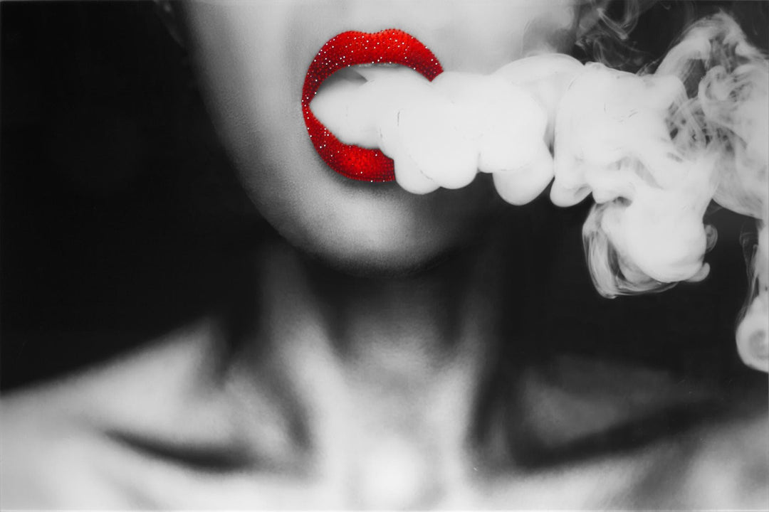 Red Lips & Smoke Tempered Glass Wall Art, Glam Monochrome Decor